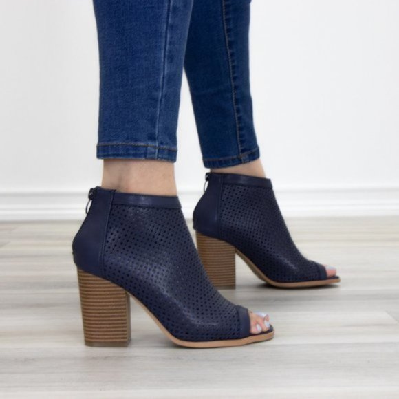 Navy Perforated Heeled Open Toe Ankle Boots - Picture 6 of 10